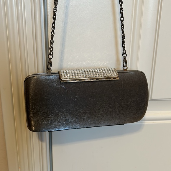Vintage rhinestone silver velvet steel clutch shoulder bag - Picture 2 of 9
